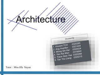 Architecture 
Tutor : Miss Iffa Nayan 
 