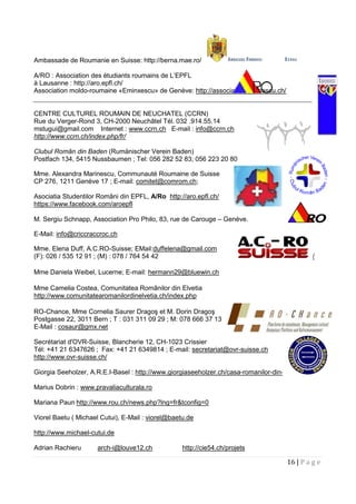 16 | P a g e
Ambassade de Roumanie en Suisse: http://berna.mae.ro/
A/RO : Association des étudiants roumains de L’EPFL
à Lausanne : http://aro.epfl.ch/
Association moldo-roumaine «Eminxescu» de Genève: http://association-eminescu.ch/
CENTRE CULTUREL ROUMAIN DE NEUCHATEL (CCRN)
Rue du Verger-Rond 3, CH-2000 Neuchâtel Tél. 032 .914.55.14
mstugui@gmail.com Internet : www.ccrn.ch E-mail : info@ccrn.ch
http://www.ccrn.ch/index.php/fr/
Clubul Român din Baden (Rumänischer Verein Baden)
Postfach 134, 5415 Nussbaumen ; Tel: 056 282 52 83; 056 223 20 80
Mme. Alexandra Marinescu, Communauté Roumaine de Suisse
CP 276, 1211 Genève 17 ; E-mail: comitet@comrom.ch;
Asociatia Studentilor Români din EPFL, A/Ro http://aro.epfl.ch/
https://www.facebook.com/aroepfl
M. Sergiu Schnapp, Association Pro Philo, 83, rue de Carouge – Genève.
E-Mail: info@criccraccroc.ch
Mme. Elena Duff, A.C.RO-Suisse; EMail:duffelena@gmail.com
(F): 026 / 535 12 91 ; (M) : 078 / 764 54 42 http://www.acro-suisse.ch/
Mme Daniela Weibel, Lucerne; E-mail: hermann29@bluewin.ch
Mme Camelia Costea, Comunitatea Românilor din Elvetia
http://www.comunitatearomanilordinelvetia.ch/index.php
RO-Chance, Mme Cornelia Saurer Dragoş et M. Dorin Dragoş
Postgasse 22, 3011 Bern ; T : 031 311 09 29 ; M: 078 666 37 13
E-Mail : cosaur@gmx.net
Secrétariat d'OVR-Suisse, Blancherie 12, CH-1023 Crissier
Tél: +41 21 6347626 ; Fax: +41 21 6349814 ; E-mail: secretariat@ovr-suisse.ch
http://www.ovr-suisse.ch/
Giorgia Seeholzer, A.R.E.I-Basel : http://www.giorgiaseeholzer.ch/casa-romanilor-din-elvetia/
Marius Dobrin : www.pravaliaculturala.ro
Mariana Paun http://www.rou.ch/news.php?lng=fr&tconfig=0
Viorel Baetu ( Michael Cutui), E-Mail : viorel@baetu.de
http://www.michael-cutui.de
Adrian Rachieru arch-i@louve12.ch http://cie54.ch/projets
 