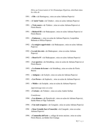 4 | P a g e
Elève au Conservatoire d’Art Dramatique Hypérion, distribuée dans
les rôles de
1991: « Elle » de Hemingway ; mise en scène Adriana Popovici
1991: « L’oncle Vania » de Tchekov ; mise en scène Adriana Popovici
1991: « Trois sœurs » de Tchekov ; mise en scène Adriana Popovici et
Florin Busoic
1991: « Richard III » de Shakespeare ; mise en scène Adriana Popovici et
Florin Busoic
1991: « Eminescu » ; mise en scène de Adriana Popovici, Leopoldina
Balanuta et Mitica Popesco
1992: « La mégère apprivoisée » de Shakespeare ; mise en scène Adriana
Popovici
1992: « La nuit des rois » de Shakespeare ; mise en scène Adriana
Popovici
1992: « Henri le IV » de Shakespeare ; mise en scène Adriana Popovici
1993: « Les spectres » de Strindberg ; mise en scène de Adriana Popovici et
Florin Busoic
1993: « La femme de la mer » de Strindberg ; mise en scène de Florin
Busoic
1993: « Antigone » de Eschyle ; mise en scène de Adriana Popovici
1993: « Les Perses » de Sophocle ; mise en scène de Adriana Popovici
1993: « Médée » de Euripide ; mise en scène de Adriana Popovici
Apprentissage mise en scène
1993: « Cerisaie » de Tchekov ; mise en scène Andrei Serban
Comédienne
1994: « Les démons » de Dostoïevski ; mise en scène de Adriana Popovici,
Sanda Manu et Olga Tudorache
1994: « Une nuit orageuse » de Caragiale ; mise en scène Adriana Popovici
1994 « Sieur Léonide face à l’anarchie » de Caragiale ; mise en scène
Adriana Popovici
1994: « Commedia dell’arte », collage de textes anciens ; mise en scène
Florin Busoic, au théâtre Ion Creanga
 