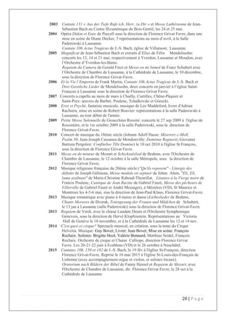 20 | P a g e
2003 Cantate 131 « Aus der Tiefe Rufe ich, Herr, zu Dir » et Messe Luthérienne de Jean-
Sébastien Bach au Centre Œcuménique du Bois-Gentil, les 24 et 25 mai.
2004 Opéra Didon et Enée de Purcell sous la direction de Florence Grivat Favre, dans une
mise en scène de Diane Decker, 5 représentations au mois d’avril, à la Salle
Paderewski à Lausanne.
Cantate 106 Actus Tragicus de J.-S. Bach, église de Villamont, Lausanne.
2005 Magnificat de Jean-Sébastien Bach et extraits d’Elias de Félix Mendelssohn:
concerts les 12, 14 et 21 mai, respectivement à Yverdon, Lausanne et Moudon, avec
l’Orchestre d’Yverdon-les-Bains.
Requiem da Camera de Gerald Finzi et Messe en mi bémol de Franz Schubert avec
l’Orchestre de Chambre de Lausanne, à la Cathédrale de Lausanne, le 10 décembre,
sous la direction de Florence Grivat-Favre.
2006 Et la Vie l’Emporta de Frank Martin, Cantate 106 Actus Tragicus de J.-S. Bach et
Drei Geistliche Lieder de Mendelssohn, deux concerts en janvier à l’église Saint-
François à Lausanne sous la direction de Florence Grivat Favre.
2007 Concerts a capella au mois de mars à Chailly, Curtilles, Chêne-Pâquier et
Saint-Prex: œuvres de Barber, Poulenc, Tchaïkovski et Górecki.
2008 Eros et Psyché, fantaisie musicale, musique de Lee Maddeford, livret d'Adrian
Rachieru, mise en scène de Robert Bouvier: représentations à la salle Paderewski à
Lausanne, au tout début de l'année.
2009 Petite Messe Solennelle de Gioacchino Rossini: concerts le 27 sep 2009 à l'église de
Rossinière, et le 1er octobre 2009 à la salle Paderewski, sous la direction de
Florence Grivat-Favre.
2010 Concert de musique du 18ème siècle (Johann Adolf Hasse: Miserere c-Moll,
Psalm 50; Jean-Joseph Cassanea de Mondonville: Dominus Regnavit; Giovanni
Battista Pergolesi: Confitebor Tibi Domine) le 10 oct 2010 à l'église St François,
sous la direction de Florence Grivat Favre.
2011 Messe en do mineur de Mozart et Schicksalslied de Brahms, avec l'Orchestre de
Chambre de Lausanne, le 12 octobre à la salle Métropole, sous la direction de
Florence Grivat Favre.
2012 Musique religieuse française du 20ème siècle ("Qu'ils reposent" - Liturgie des
défunts de Joseph Gélineau, Messe modale en septuor de Jehan Alain, "Eli, Eli,
lama azabtani" de Marie-Christine Raboud-Theurillat, Litanies à la Vierge noire de
Francis Poulenc, Cantique de Jean Racine de Gabriel Fauré, Messe des pêcheurs de
Villerville de Gabriel Fauré et André Messager), à Mézières (VD), St Maurice et
Montreux les 4-5-6 mai, sius la direction de Jean-Paul Klaus, Florence Grivat-Favre.
2013 Musique romantique avec piano à 4 mains et danse (Liebeslieder de Brahms,
Chants Moraves de Dvorak, Totengesang der Frauen und Mädchen de Schubert,
le 13 jan à Lausanne (salle Paderewski) sous la direction de Florence Grivat-Favre.
2013 Requiem de Verdi, avec le chœur Laudate Deum et l'Orchestre Symphonique
Genevois, sous la direction de Hervé Klopfenstein. Représentations au Victoria
Hall de Genève le 10 novembre, et à la Cathédrale de Lausanne les 12 et 14 nov.
2014 C'est quoi ce cirque? Spectacle musical, en création, sous la tente du Cirque
Helvetia. Musique: Guy Bovet; Livret: Jean Bovet; Mise en scène: François
Rochaix. Solistes: Brigitte Hool, Valérie Bonnard, Matthias Seidel, François
Rochaix. Orchestre de cirque et Chœur Calliope, direction Florence Grivat
Favre. Les 20-21-22 juin à Ecublens (VD) et le 26 octobre à Neuchâtel.
2015 Cantates 106, 150 et 182 de J.-S. Bach, le 19 fév à l'église St-François, direction
Florence Grivat-Favre. Reprise le 16 mai 2015 à l'église St-Louis-des-Français de
Lisbonne (avec accompagnement orgue et violon, et solistes locaux).
Oratorium nach Bildern der Bibel de Fanny Hensel et Requiem de Mozart, avec
l'Orchestre de Chambre de Lausanne, dir. Florence Grivat Favre, le 28 oct à la
Cathédrale de Lausanne
 