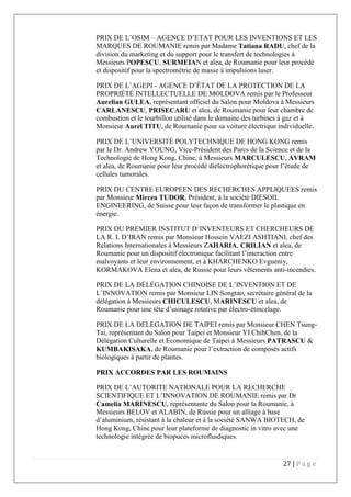 27 | P a g e
PRIX DE L’OSIM – AGENCE D’ETAT POUR LES INVENTIONS ET LES
MARQUES DE ROUMANIE remis par Madame Tatiana RADU, chef de la
division du marketing et du support pour le transfert de technologies à
Messieurs POPESCU, SURMEIAN et alea, de Roumanie pour leur procédé
et dispositif pour la spectrométrie de masse à impulsions laser.
PRIX DE L’AGEPI - AGENCE D’ÉTAT DE LA PROTECTION DE LA
PROPRIÉTÉ INTELLECTUELLE DE MOLDOVA remis par le Professeur
Aurelian GULEA, représentant officiel du Salon pour Moldova à Messieurs
CARLANESCU, PRISECARU et alea, de Roumanie pour leur chambre de
combustion et le tourbillon utilisé dans le domaine des turbines à gaz et à
Monsieur Aurel TITU, de Roumanie pour sa voiture électrique individuelle.
PRIX DE L’UNIVERSITÉ POLYTECHNIQUE DE HONG KONG remis
par le Dr. Andrew YOUNG, Vice-Président des Parcs de la Science et de la
Technologie de Hong Kong, Chine, à Messieurs MARCULESCU, AVRAM
et alea, de Roumanie pour leur procédé diélectrophorétique pour l’étude de
cellules tumorales.
PRIX DU CENTRE EUROPEEN DES RECHERCHES APPLIQUEES remis
par Monsieur Mircea TUDOR, Président, à la société DIESOIL
ENGINEERING, de Suisse pour leur façon de transformer le plastique en
énergie.
PRIX DU PREMIER INSTITUT D’INVENTEURS ET CHERCHEURS DE
LA R. I. D’IRAN remis par Monsieur Hossein VAEZI ASHTIANI, chef des
Relations Internationales à Messieurs ZAHARIA, CRILIAN et alea, de
Roumanie pour un dispositif électronique facilitant l’interaction entre
malvoyants et leur environnement, et à KHARCHENKO Evgueniy,
KORMAKOVA Elena et alea, de Russie pour leurs vêtements anti-incendies.
PRIX DE LA DÉLÉGATION CHINOISE DE L’INVENTION ET DE
L’INNOVATION remis par Monsieur LIN Songtao, secrétaire général de la
délégation à Messieurs CHICULESCU, MARINESCU et alea, de
Roumanie pour une tête d’usinage rotative par électro-étincelage.
PRIX DE LA DELEGATION DE TAIPEI remis par Monsieur CHEN Tsung-
Tai, représentant du Salon pour Taipei et Monsieur YI ChihChen, de la
Délégation Culturelle et Economique de Taipei à Messieurs PATRASCU &
KUMBAKISAKA, de Roumanie pour l’extraction de composés actifs
biologiques à partir de plantes.
PRIX ACCORDES PAR LES ROUMAINS
PRIX DE L’AUTORITE NATIONALE POUR LA RECHERCHE
SCIENTIFIQUE ET L’INNOVATION DE ROUMANIE remis par Dr
Camelia MARINESCU, représentante du Salon pour la Roumanie, à
Messieurs BELOV et ALABIN, de Russie pour un alliage à base
d’aluminium, résistant à la chaleur et à la société SANWA BIOTECH, de
Hong Kong, Chine pour leur plateforme de diagnostic in vitro avec une
technologie intégrée de biopuces microfluidiques.
 