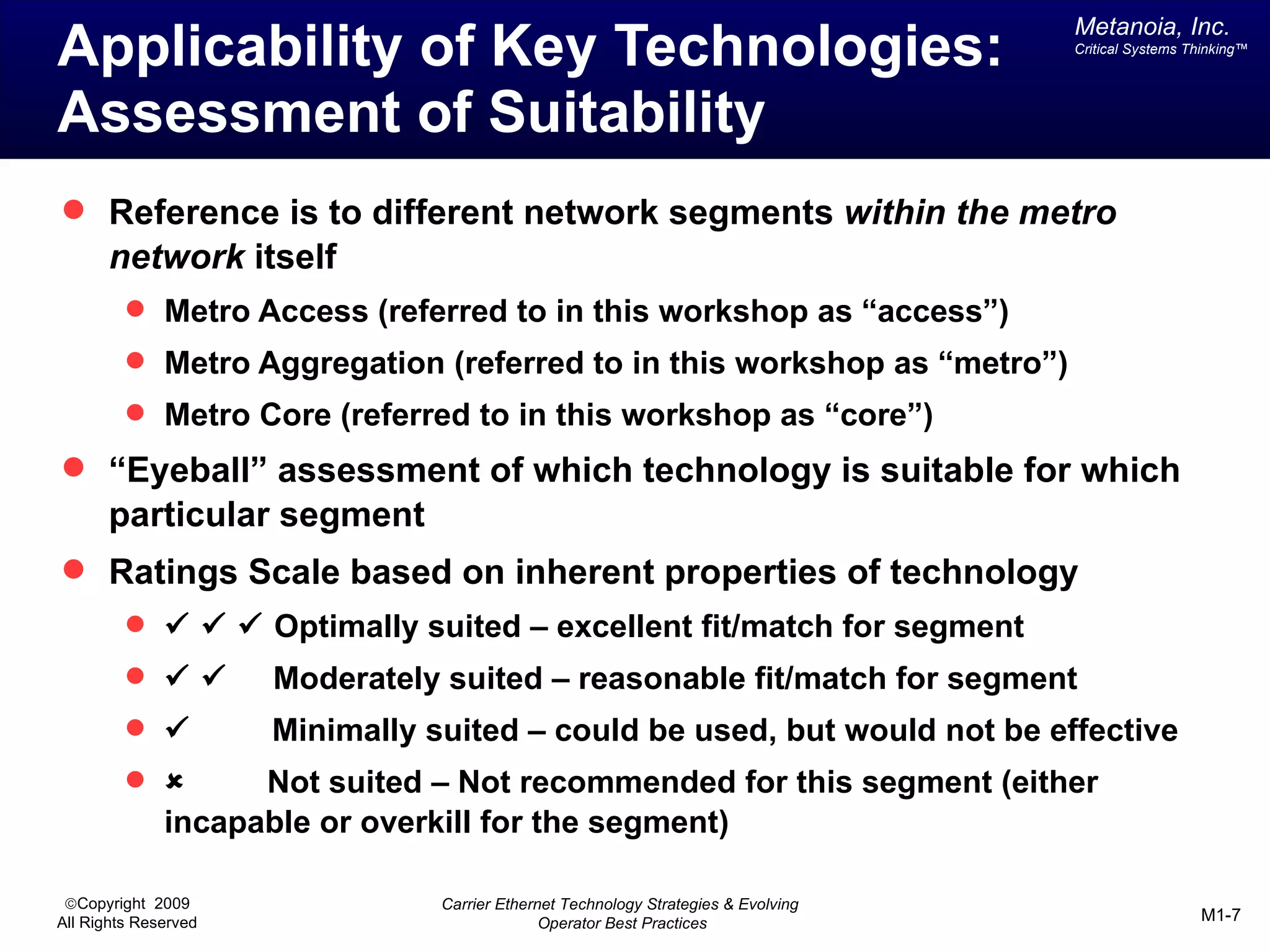 Metanoia, Inc.
Applicability of Key Technologies:                                                   Critical Systems Thinking™




Assessment of Suitability
 Reference is to different network segments within the metro
       network itself
          Metro Access (referred to in this workshop as “access”)
          Metro Aggregation (referred to in this workshop as “metro”)
          Metro Core (referred to in this workshop as “core”)
 “Eyeball” assessment of which technology is suitable for which
       particular segment
 Ratings Scale based on inherent properties of technology
             Optimally suited – excellent fit/match for segment
                   Moderately suited – reasonable fit/match for segment
                    Minimally suited – could be used, but would not be effective
                  Not suited – Not recommended for this segment (either
              incapable or overkill for the segment)

 ©Copyright 2009                 Carrier Ethernet Technology Strategies & Evolving
All Rights Reserved                            Operator Best Practices                                 M1-7
 