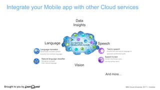 IBM Cloud University 2017 | October
Integrate your Mobile app with other Cloud services
Natural language classifier
Recogn...