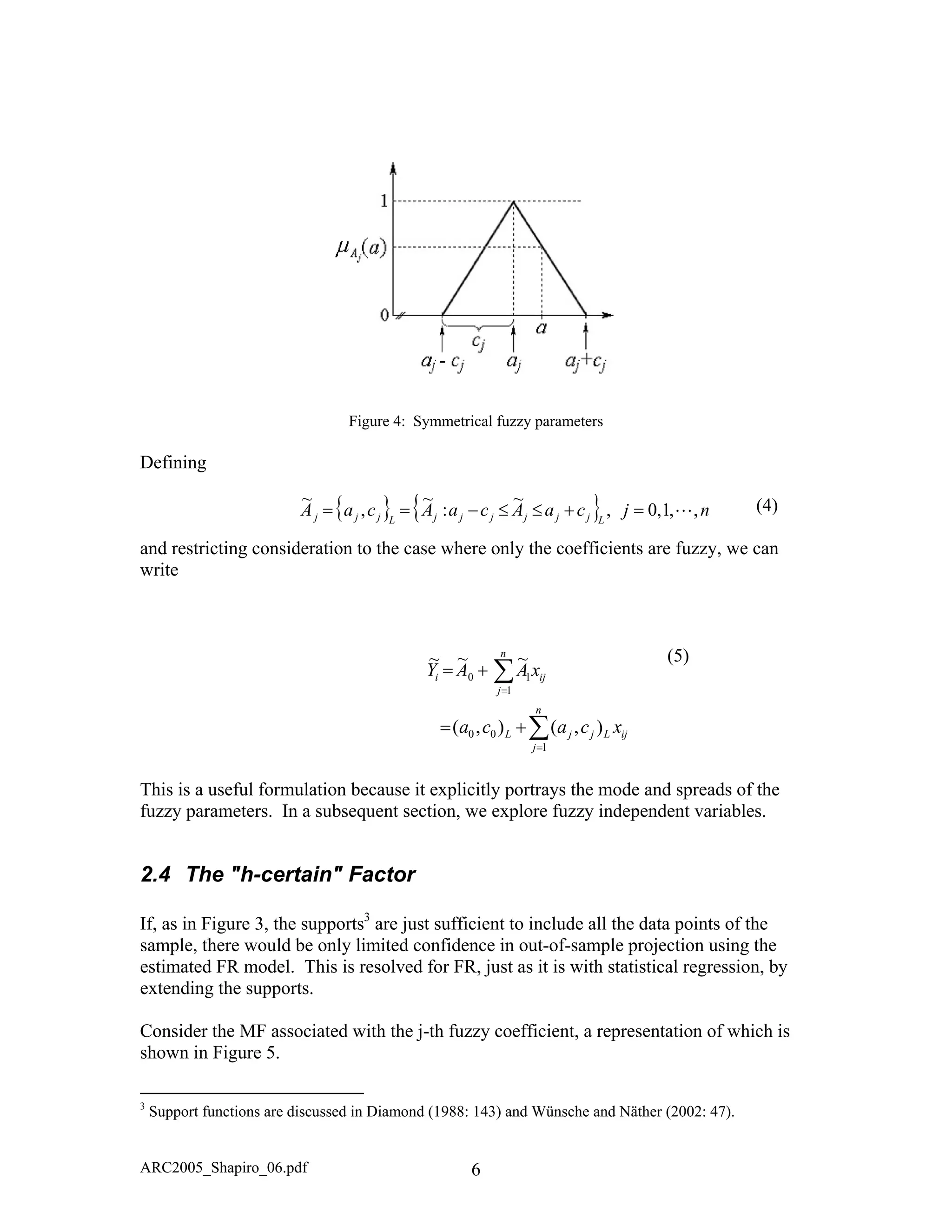 Figure 4: Symmetrical fuzzy parameters
Defining
(
{ } { } njcaAcaAcaA LjjjjjjLjjj ,,1,0,
~
:
~
,
~
L=+≤≤−== (4)
and restricting consideration to the case where only the coefficients are fuzzy, we can
write
5)
∑=
+=
n
j
iji xAAY
1
10
~~~
∑=
+=
n
j
ijLjjL xcaca
1
00 ),(),(
This is a useful formulation because it explicitly portrays the mode and spreads of the
fuzzy parameters. In a subsequent section, we explore fuzzy independent variables.
2.4 The "h-certain" Factor
If, as in Figure 3, the supports3
are just sufficient to include all the data points of the
sample, there would be only limited confidence in out-of-sample projection using the
estimated FR model. This is resolved for FR, just as it is with statistical regression, by
extending the supports.
Consider the MF associated with the j-th fuzzy coefficient, a representation of which is
shown in Figure 5.
ARC2005_Shapiro_06.pdf 6
3
Support functions are discussed in Diamond (1988: 143) and Wünsche and Näther (2002: 47).
 