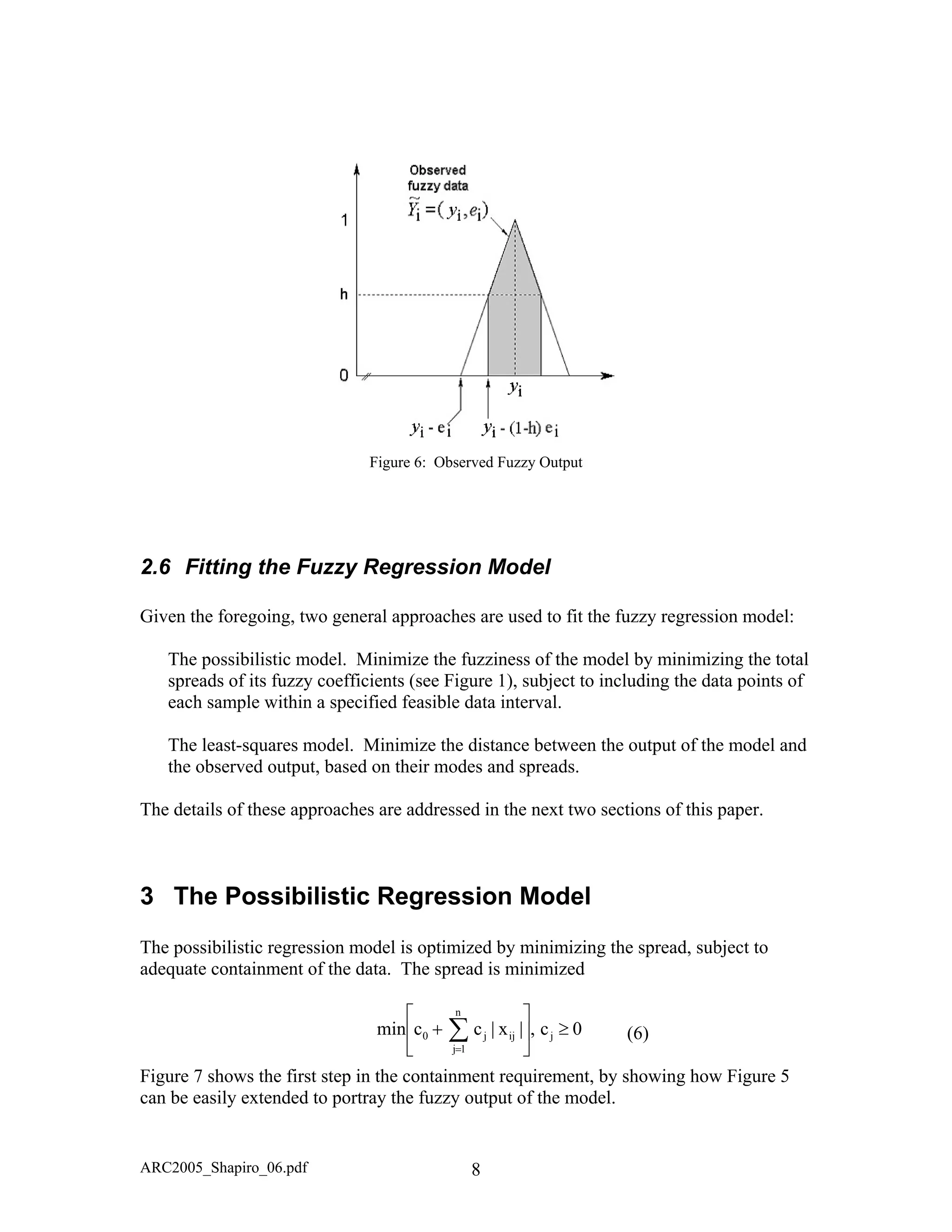 Figure 6: Observed Fuzzy Output
2.6 Fitting the Fuzzy Regression Model
Given the foregoing, two general approaches are used to fit the fuzzy regression model:
The possibilistic model. Minimize the fuzziness of the model by minimizing the total
spreads of its fuzzy coefficients (see Figure 1), subject to including the data points of
each sample within a specified feasible data interval.
The least-squares model. Minimize the distance between the output of the model and
the observed output, based on their modes and spreads.
The details of these approaches are addressed in the next two sections of this paper.
3 The Possibilistic Regression Model
The possibilistic regression model is optimized by minimizing the spread, subject to
adequate containment of the data. The spread is minimized
0c,|x|ccmin j
n
1j
ijj0 ≥





+ ∑=
(6)
Figure 7 shows the first step in the containment requirement, by showing how Figure 5
can be easily extended to portray the fuzzy output of the model.
ARC2005_Shapiro_06.pdf 8
 