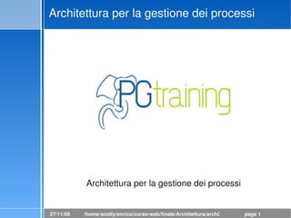 Architettura per la gestione dei processi




            Architettura per la gestione dei processi


27/11/08   /home/scotty/enrico/corso­web/finale/Architettura/arch2.odp   page 1
 