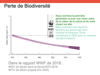 Dans le rapport WWF de 2018 :
•60% de déclin dans la faune1970-2016
•67% de déclin projeté d’ici 2020
Perte de Biodiversité
Nous sommes la première
génération à avoir une vision claire
de la valeur de la nature et de notre
impact sur elle.
Nous sommes sans doute la
dernière qui puisse agir pour
inverser la tendance. Entre
maintenant et 2020 sera un moment
clé dans l’histoire.
 