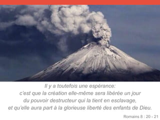 Il y a toutefois une espérance:
c’est que la création elle-même sera libérée un jour
du pouvoir destructeur qui la tient en esclavage,
et qu’elle aura part à la glorieuse liberté des enfants de Dieu.
Romains 8 : 20 - 21
 