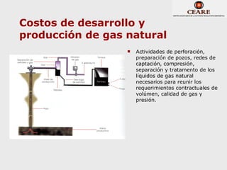 Costos de desarrollo y
producción de gas natural
                     Actividades de perforación,
                      preparación de pozos, redes de
                      captación, compresión,
                      separación y tratamento de los
                      líquidos de gas natural
                      necesarios para reunir los
                      requerimientos contractuales de
                      volúmen, calidad de gas y
                      presión.
 