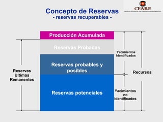 Concepto de Reservas
               - reservas recuperables -


              Producción Acumulada

               Reservas Probadas
                                            Yacimientos
                                            Identificados


              Reservas probables y
 Reservas           posibles                           Recursos
  Ultimas
Remanentes

                                           Yacimientos
              Reservas potenciales              no
                                           identificados
 