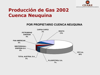 Producción de Gas 2002
Cuenca Neuquina
                 POR PROPIETARIO CUENCA NEUQUINA
                           CAPSA CAPEX
                               3%              RESTO
         PETROBRAS                              13%
          ENERGIA
             4%

 PAN AMERICAN
      5%

  WINTERSHALL
  ENERGIA S.A.
       5%
                                                       YPF S.A.
                                                         58%
      TOTAL AUSTRAL S.A.
             5%
                                     PLUSPETROL S.A.
                                          7%
 