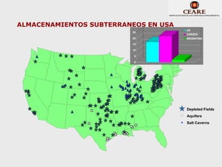 ALMACENAMIENTOS SUBTERRANEOS EN USA
                                      US
                         25
                                      CANADA
                         20           ARGENTINA

                         15

                         10

                          5

                          0




                                      Depleted Fields
                                      Aquifers
                                      Salt Caverns
 