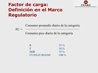 Factor de carga:
Definición en el Marco
Regulatorio

         Consumo promedio diario de la categoría
  FC =
         Consumo pico diario de la categoría


            R                    35 %
            P                    50 %
            SDB                  75 %
            FT-FD-IT-ID-GNC      100 %
 