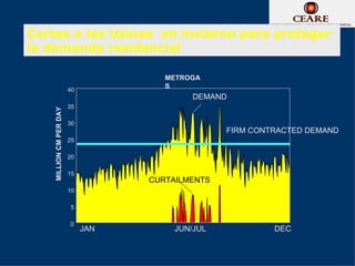 Cortes a las Usinas en invierno para proteger
la demanda residencial

                                       METROGA
                                       S
                         40
                                            DEMAND
                         35
    MILLION CM PER DAY




                         30
                                                   FIRM CONTRACTED DEMAND
                         25

                         20

                         15
                                    CURTAILMENTS
                         10

                         5

                         0
                              JAN        JUN/JUL            DEC
 