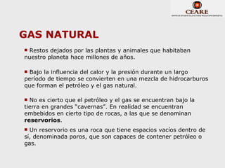 GAS NATURAL
Restos dejados por las plantas y animales que habitaban
nuestro planeta hace millones de años.

Bajo la influencia del calor y la presión durante un largo
período de tiempo se convierten en una mezcla de hidrocarburos
que forman el petróleo y el gas natural.

 No es cierto que el petróleo y el gas se encuentran bajo la
tierra en grandes “cavernas”. En realidad se encuentran
embebidos en cierto tipo de rocas, a las que se denominan
reservorios.
 Un reservorio es una roca que tiene espacios vacíos dentro de
sí, denominada poros, que son capaces de contener petróleo o
gas.
 