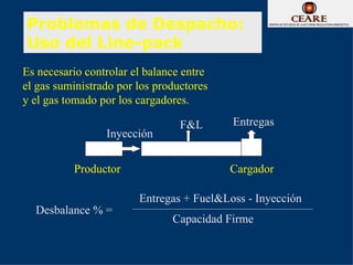 Problemas de Despacho:
Uso del Line-pack
Es necesario controlar el balance entre
el gas suministrado por los productores
y el gas tomado por los cargadores.

                                 F&L      Entregas
                 Inyección


          Productor                       Cargador

                        Entregas + Fuel&Loss - Inyección
  Desbalance % =
                               Capacidad Firme
 