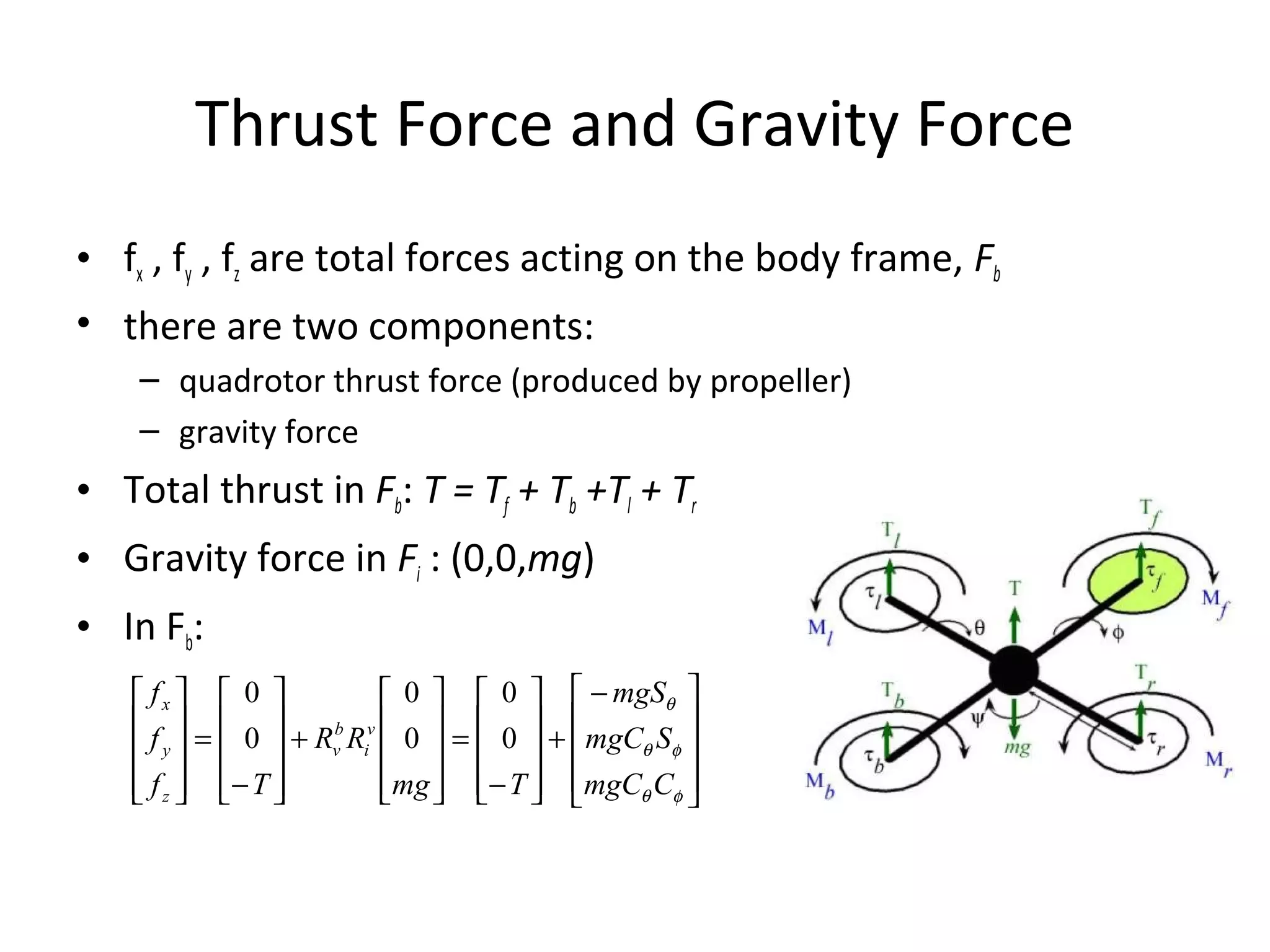 Thrust Force and Gravity Force
• fx , fy , fz are total forces acting on the body frame, Fb
• there are two components:
– quadrotor thrust force (produced by propeller)
– gravity force
• Total thrust in Fb: T = Tf + Tb +Tl + Tr
• Gravity force in Fi : (0,0,mg)
• In Fb:









 −
+










−
=










+










−
=










φθ
φθ
θ
CmgC
SmgC
mgS
Tmg
RR
Tf
f
f
v
i
b
v
z
y
x
0
0
0
0
0
0
 