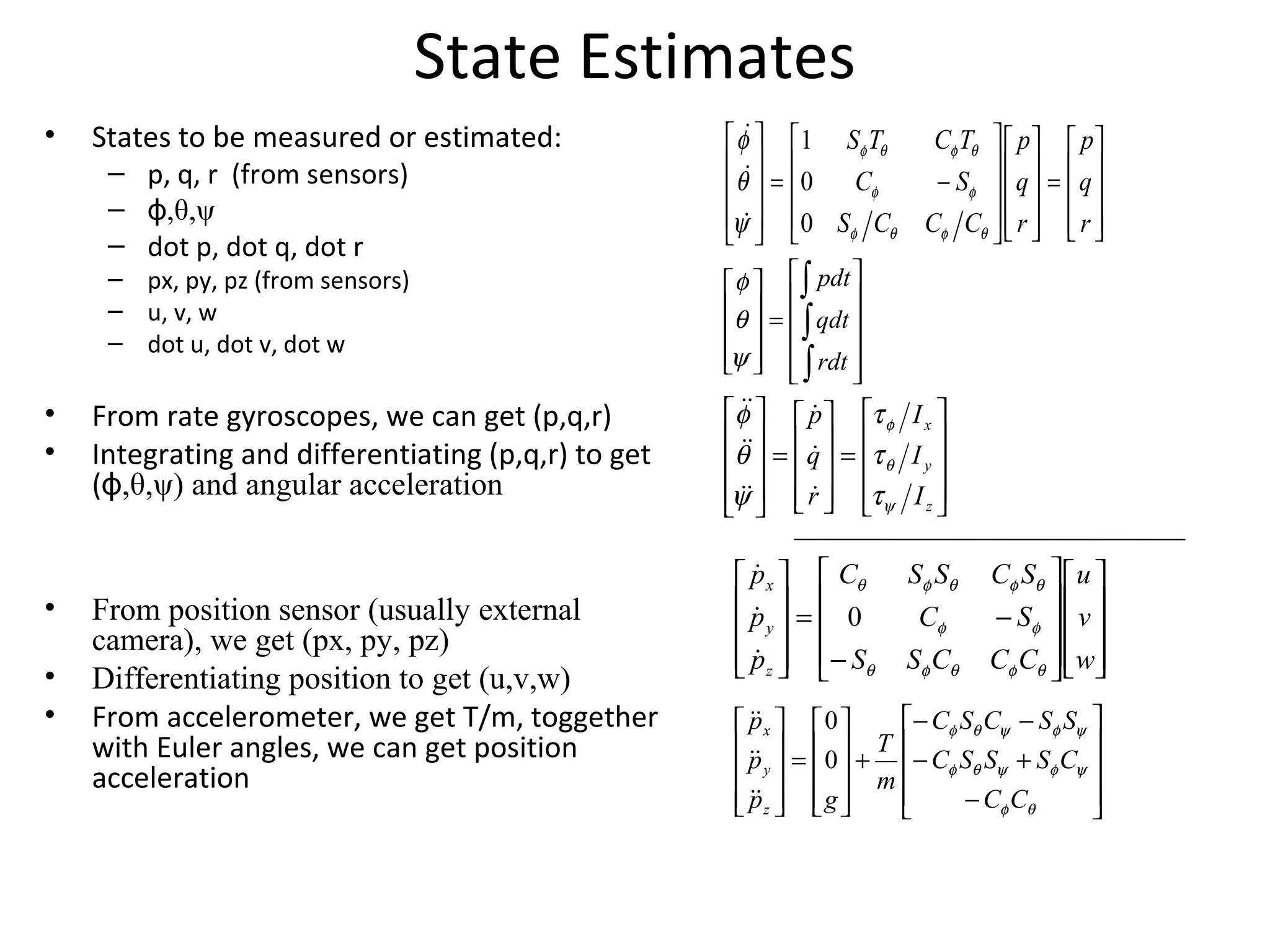 State Estimates
• States to be measured or estimated:
– p, q, r (from sensors)
– ,θ,ψϕ
– dot p, dot q, dot r
– px, py, pz (from sensors)
– u, v, w
– dot u, dot v, dot w
• From rate gyroscopes, we can get (p,q,r)
• Integrating and differentiating (p,q,r) to get
( ,θ,ψ) and angular accelerationϕ
• From position sensor (usually external
camera), we get (px, py, pz)
• Differentiating position to get (u,v,w)
• From accelerometer, we get T/m, toggether
with Euler angles, we can get position
acceleration










=










=










z
y
x
I
I
I
r
q
p
ψ
θ
φ
τ
τ
τ
ψ
θ
φ
















−
+−
−−
+










=










θφ
ψφψθφ
ψφψθφ
CC
CSSSC
SSCSC
m
T
gp
p
p
z
y
x
0
0













=




















−=










r
q
p
r
q
p
CCCS
SC
TCTS
θφθφ
φφ
θφθφ
ψ
θ
φ
0
0
1























−
−=










w
v
u
CCCSS
SC
SCSSC
p
p
p
z
y
x
θφθφθ
φφ
θφθφθ
0















=










∫
∫
∫
rdt
qdt
pdt
ψ
θ
φ
 
