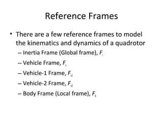 Reference Frames
• There are a few reference frames to model
the kinematics and dynamics of a quadrotor
– Inertia Frame (Global frame), Fi
– Vehicle Frame, Fv
– Vehicle-1 Frame, Fv1
– Vehicle-2 Frame, Fv2
– Body Frame (Local frame), Fb
 
