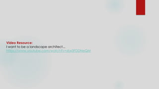 Video Resource:
I want to be a landscape architect...
https://www.youtube.com/watch?v=zbx3FDDNeQM
 