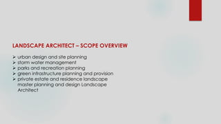 LANDSCAPE ARCHITECT – SCOPE OVERVIEW
 urban design and site planning
 storm water management
 parks and recreation planning
 green infrastructure planning and provision
 private estate and residence landscape
master planning and design Landscape
Architect
 