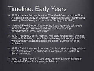 Timeline: Early Years
1929 - Harvey Zorbaugh writes "The Gold Coast and the Slum:
A Sociological Study of Chicago's Near North Side," contrasting
wealthy Gold Coast, with poor Little Sicily (“Little Hell”)
Marshall Field Garden Apartments, first large-scale (although
funded through private charity) low-income housing
development in area, completed.
1942 - Frances Cabrini Homes (two-story rowhouses), with 586
units in 54 buildings, completed. Initial regulations stipulate 75%
white and 25% black residents. Holsman, Burmeister, et al,
architects.
1958 - Cabrini Homes Extension (red brick mid- and high-rises),
with 1,925 units in 15 buildings, is completed. A. Epstein &
Sons, architects.
1962 - Green Homes (1,096 units, north of Division Street) is
completed. Pace Associates, architects.
 