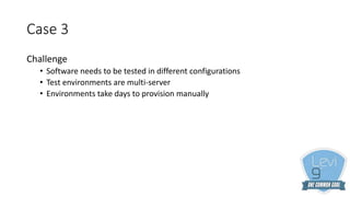Case 3
Challenge
• Software needs to be tested in different configurations
• Test environments are multi-server
• Environments take days to provision manually
 
