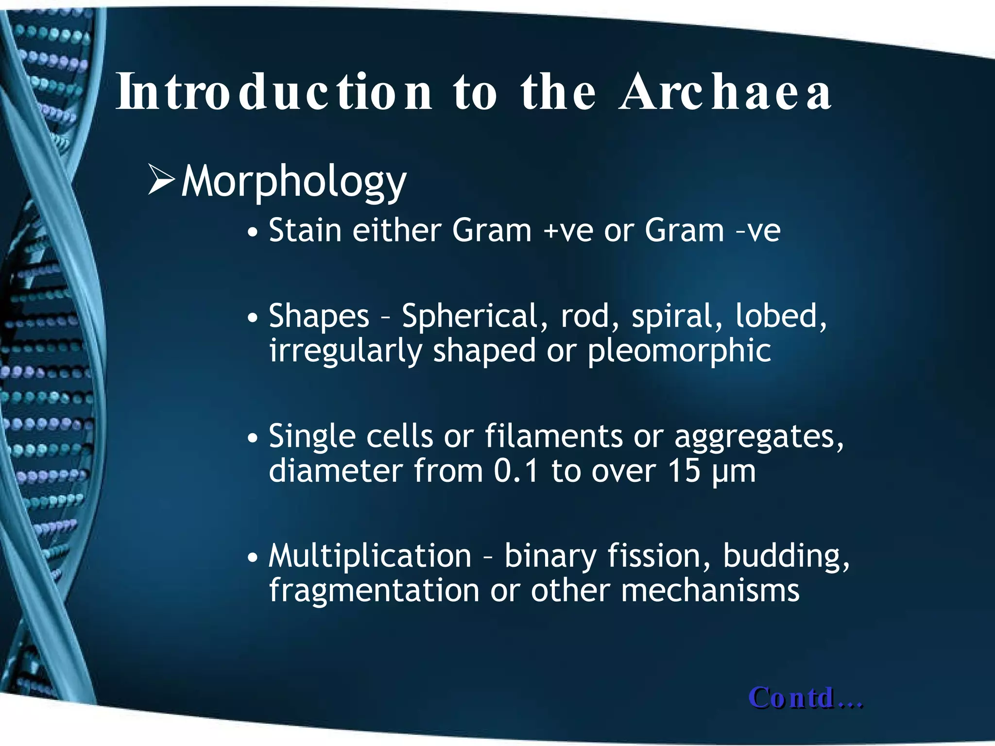 Introduction to the Archaea Morphology Stain either Gram +ve or Gram –ve Shapes – Spherical, rod, spiral, lobed, irregularly shaped or pleomorphic Single cells or filaments or aggregates, diameter from 0.1 to over 15  μ m Multiplication – binary fission, budding, fragmentation or other mechanisms   Contd… 