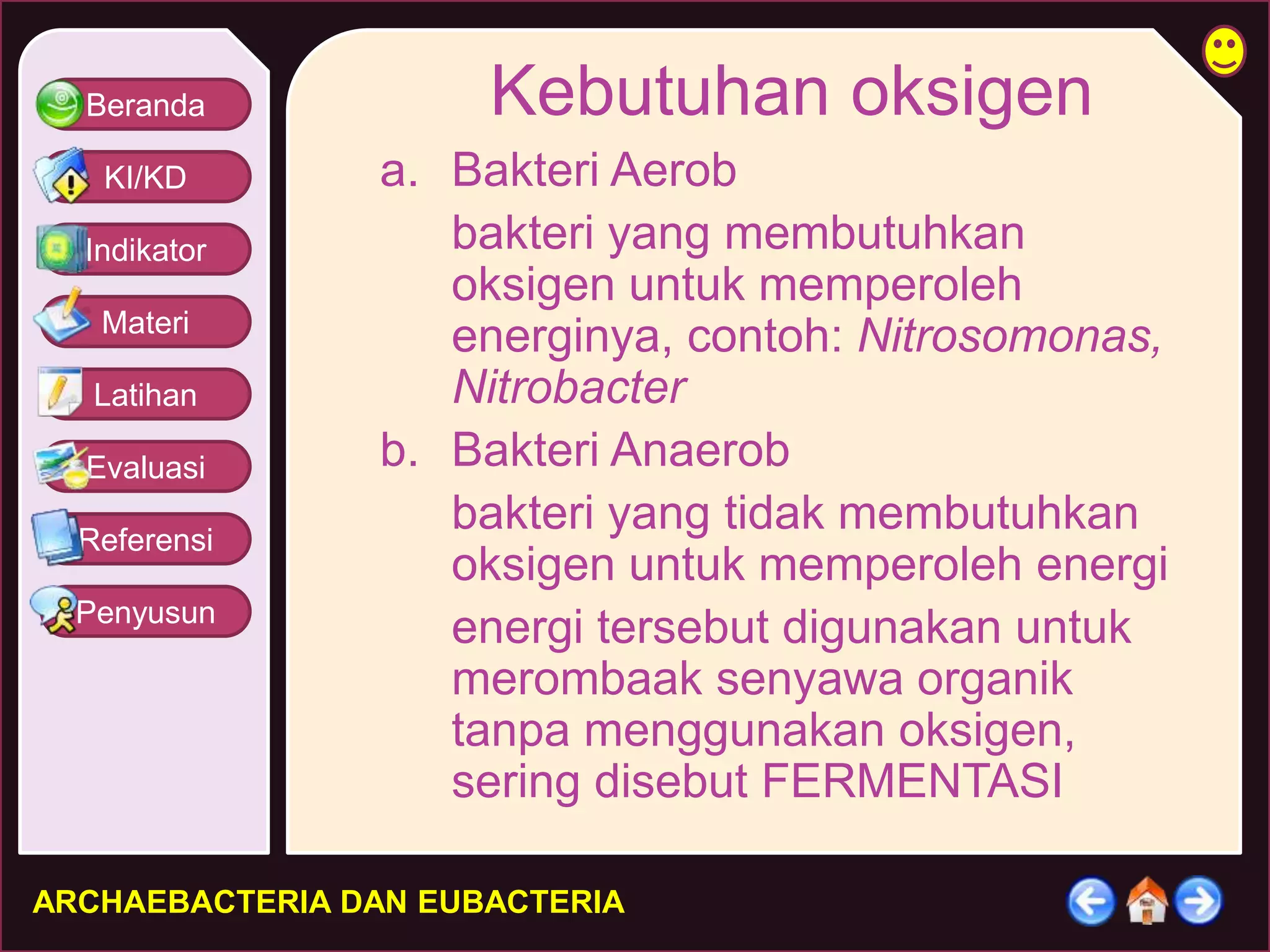 Beranda 
KI/KD 
Indikator 
Materi 
Latihan 
Evaluasi 
Referensi 
Penyusun 
Kebutuhan oksigen 
a. Bakteri Aerob 
bakteri yang membutuhkan 
oksigen untuk memperoleh 
energinya, contoh: Nitrosomonas, 
Nitrobacter 
b. Bakteri Anaerob 
bakteri yang tidak membutuhkan 
oksigen untuk memperoleh energi 
energi tersebut digunakan untuk 
merombaak senyawa organik 
tanpa menggunakan oksigen, 
sering disebut FERMENTASI 
ARCHAEBACTERIA DAN EUBACTERIA 
 