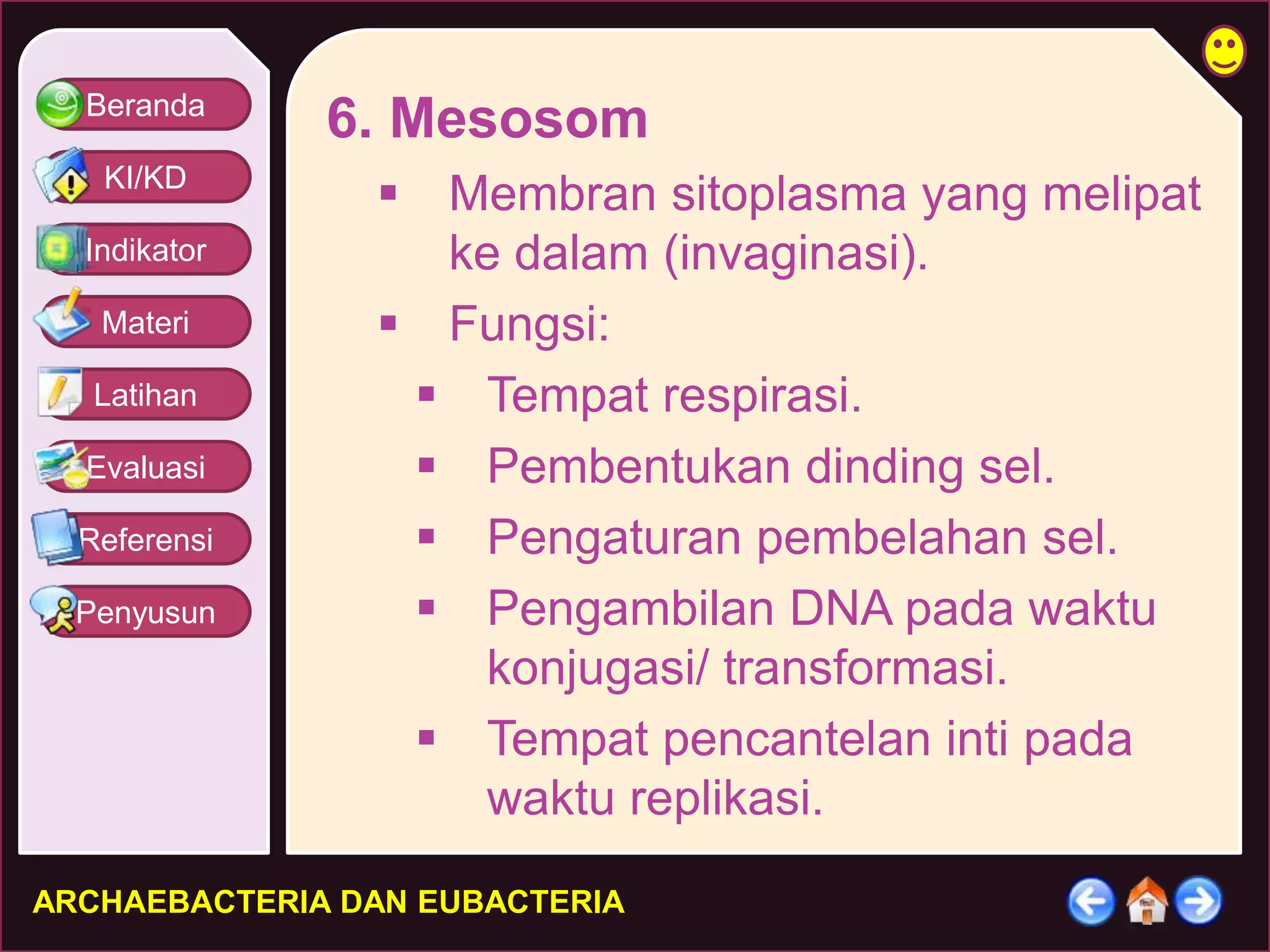 Beranda 
KI/KD 
Indikator 
Materi 
Latihan 
Evaluasi 
Referensi 
Penyusun 
6. Mesosom 
 Membran sitoplasma yang melipat 
ke dalam (invaginasi). 
 Fungsi: 
 Tempat respirasi. 
 Pembentukan dinding sel. 
 Pengaturan pembelahan sel. 
 Pengambilan DNA pada waktu 
konjugasi/ transformasi. 
 Tempat pencantelan inti pada 
waktu replikasi. 
ARCHAEBACTERIA DAN EUBACTERIA 
 