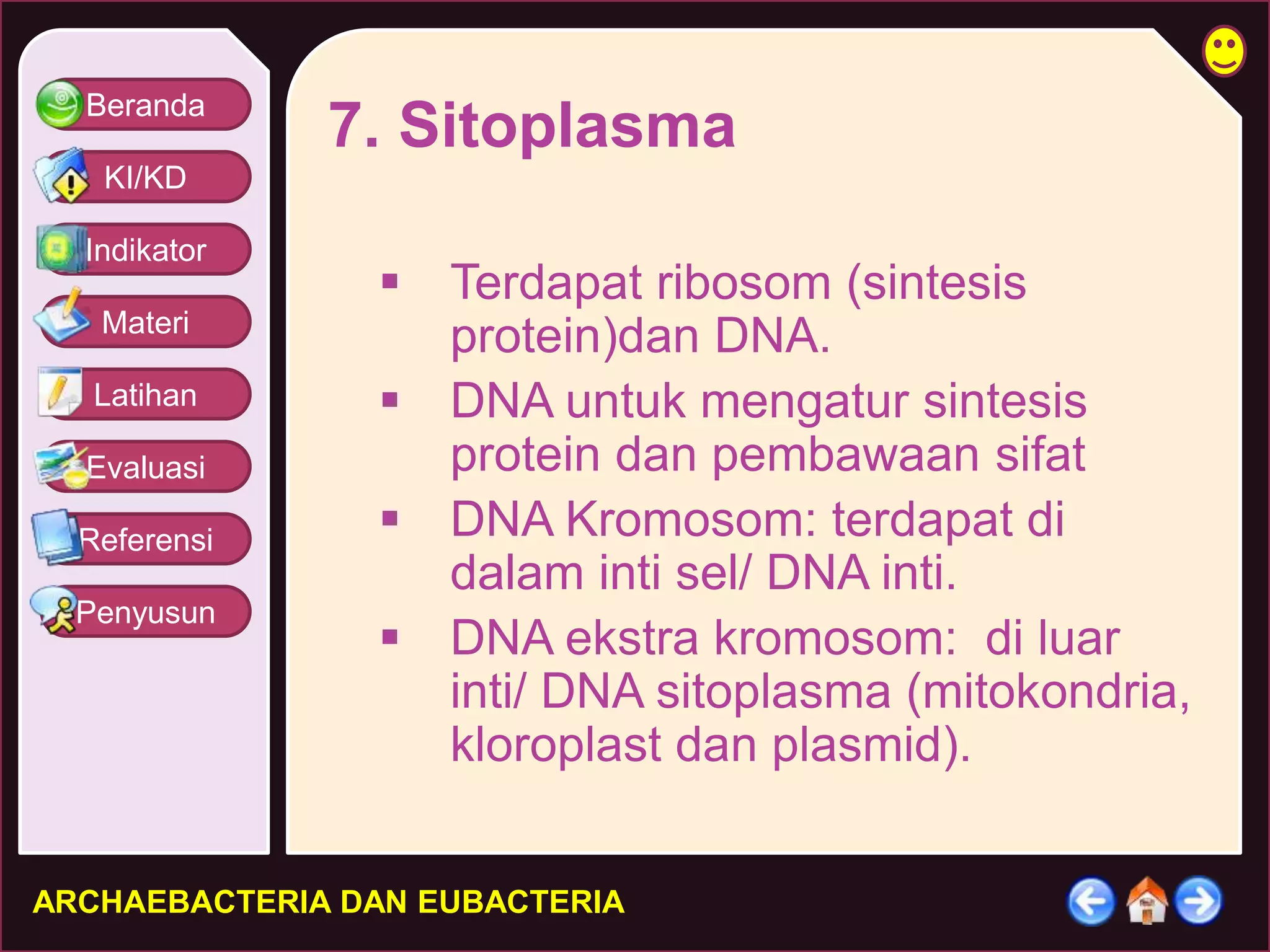 Beranda 
KI/KD 
Indikator 
Materi 
Latihan 
Evaluasi 
Referensi 
Penyusun 
7. Sitoplasma 
 Terdapat ribosom (sintesis 
protein)dan DNA. 
 DNA untuk mengatur sintesis 
protein dan pembawaan sifat 
 DNA Kromosom: terdapat di 
dalam inti sel/ DNA inti. 
 DNA ekstra kromosom: di luar 
inti/ DNA sitoplasma (mitokondria, 
kloroplast dan plasmid). 
ARCHAEBACTERIA DAN EUBACTERIA 
 