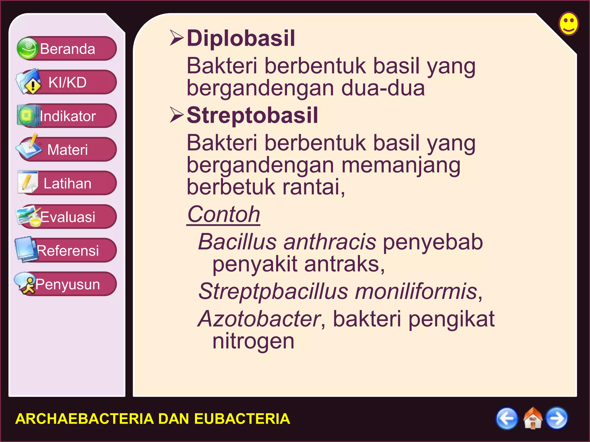 Beranda 
KI/KD 
Indikator 
Materi 
Latihan 
Evaluasi 
Referensi 
Penyusun 
Diplobasil 
Bakteri berbentuk basil yang 
bergandengan dua-dua 
Streptobasil 
Bakteri berbentuk basil yang 
bergandengan memanjang 
berbetuk rantai, 
Contoh 
Bacillus anthracis penyebab 
penyakit antraks, 
Streptpbacillus moniliformis, 
Azotobacter, bakteri pengikat 
nitrogen 
ARCHAEBACTERIA DAN EUBACTERIA 
 