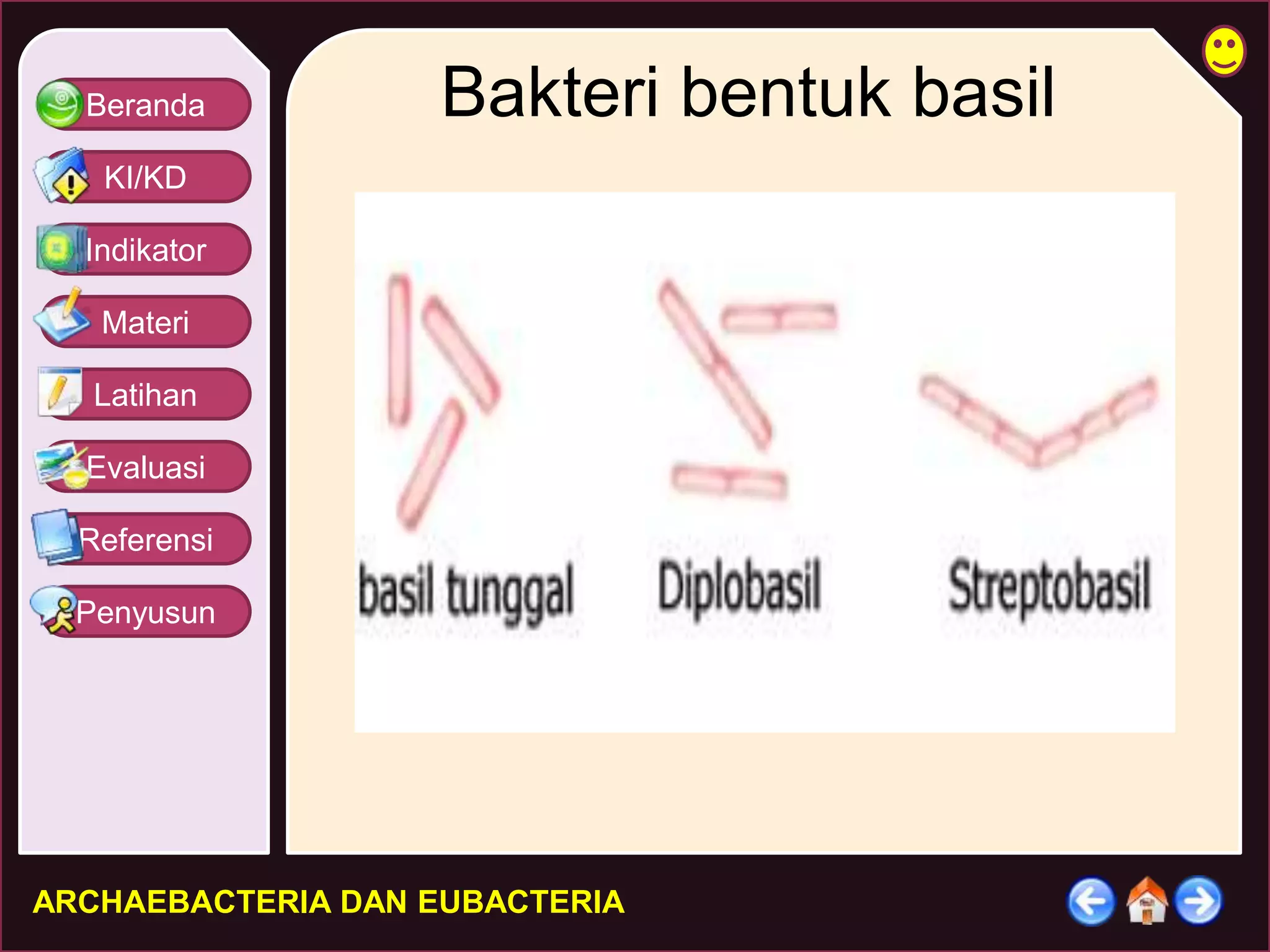 Beranda 
KI/KD 
Indikator 
Materi 
Latihan 
Evaluasi 
Referensi 
Penyusun 
Bakteri bentuk basil 
ARCHAEBACTERIA DAN EUBACTERIA 
 