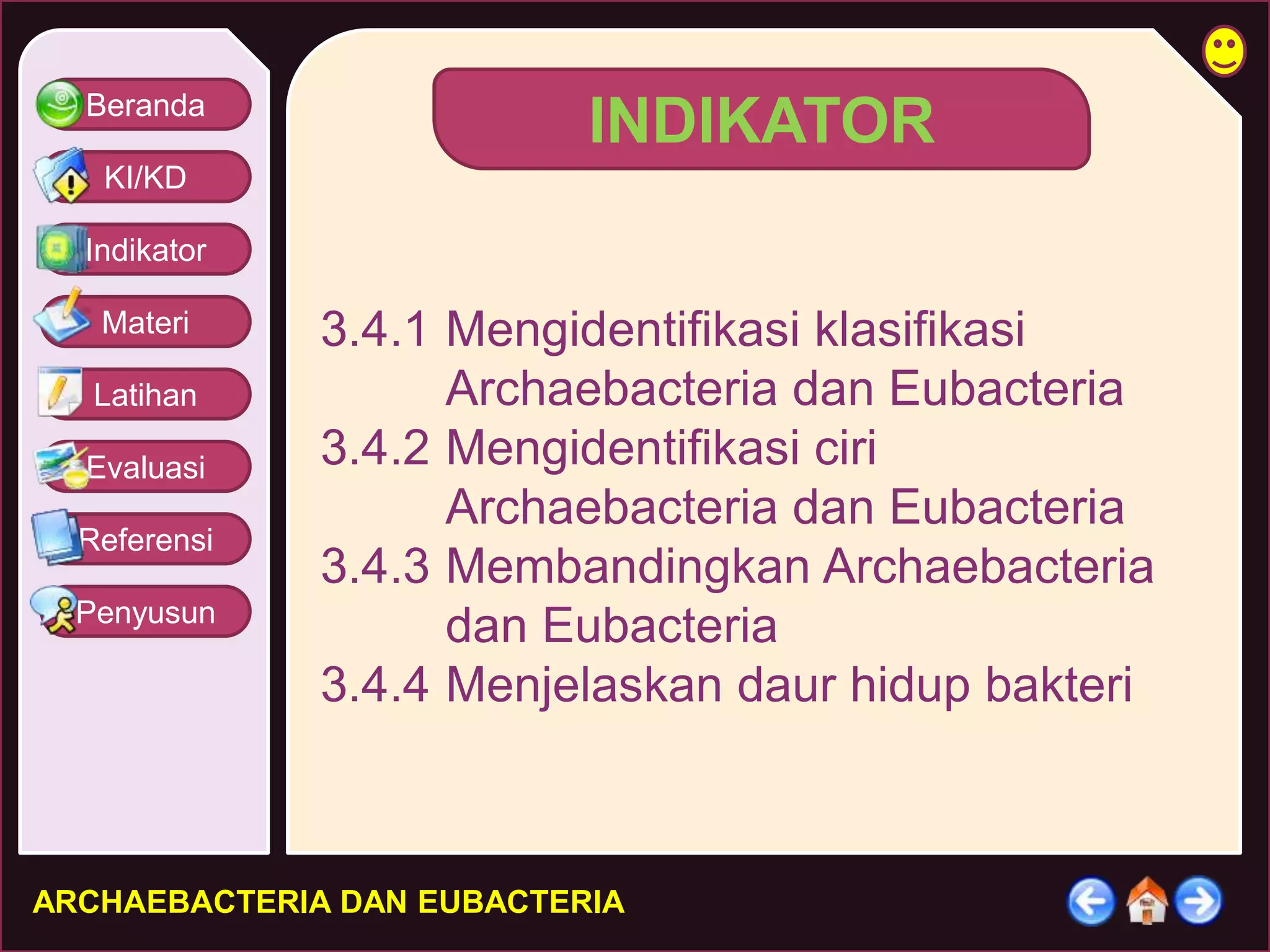 Beranda 
KI/KD 
Indikator 
Materi 
Latihan 
Evaluasi 
Referensi 
Penyusun 
INDIKATOR 
3.4.1 Mengidentifikasi klasifikasi 
Archaebacteria dan Eubacteria 
3.4.2 Mengidentifikasi ciri 
Archaebacteria dan Eubacteria 
3.4.3 Membandingkan Archaebacteria 
dan Eubacteria 
3.4.4 Menjelaskan daur hidup bakteri 
ARCHAEBACTERIA DAN EUBACTERIA 
 