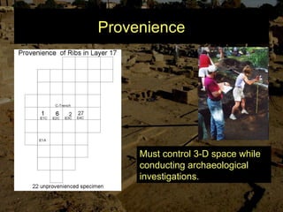 Provenience
Must control 3-D space while
conducting archaeological
investigations.
 