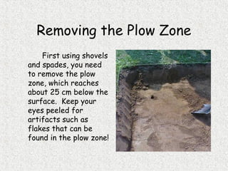 First using shovels
and spades, you need
to remove the plow
zone, which reaches
about 25 cm below the
surface. Keep your
eyes peeled for
artifacts such as
flakes that can be
found in the plow zone!
Removing the Plow Zone
 