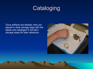 Cataloging Once artifacts are labeled, they are placed in clear storage bags with the labels and cataloged in the lab’s storage areas for later reference. 