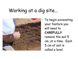 Working at a dig site… To begin excavating your feature you will need to  CAREFULLY  remove the soil 5 cm. at a time.  Each 5 cm of soil is called a level. 