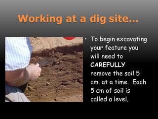 Working at a dig site…
• To begin excavating
your feature you
will need to
CAREFULLY
remove the soil 5
cm. at a time. Each
5 cm of soil is
called a level.
 