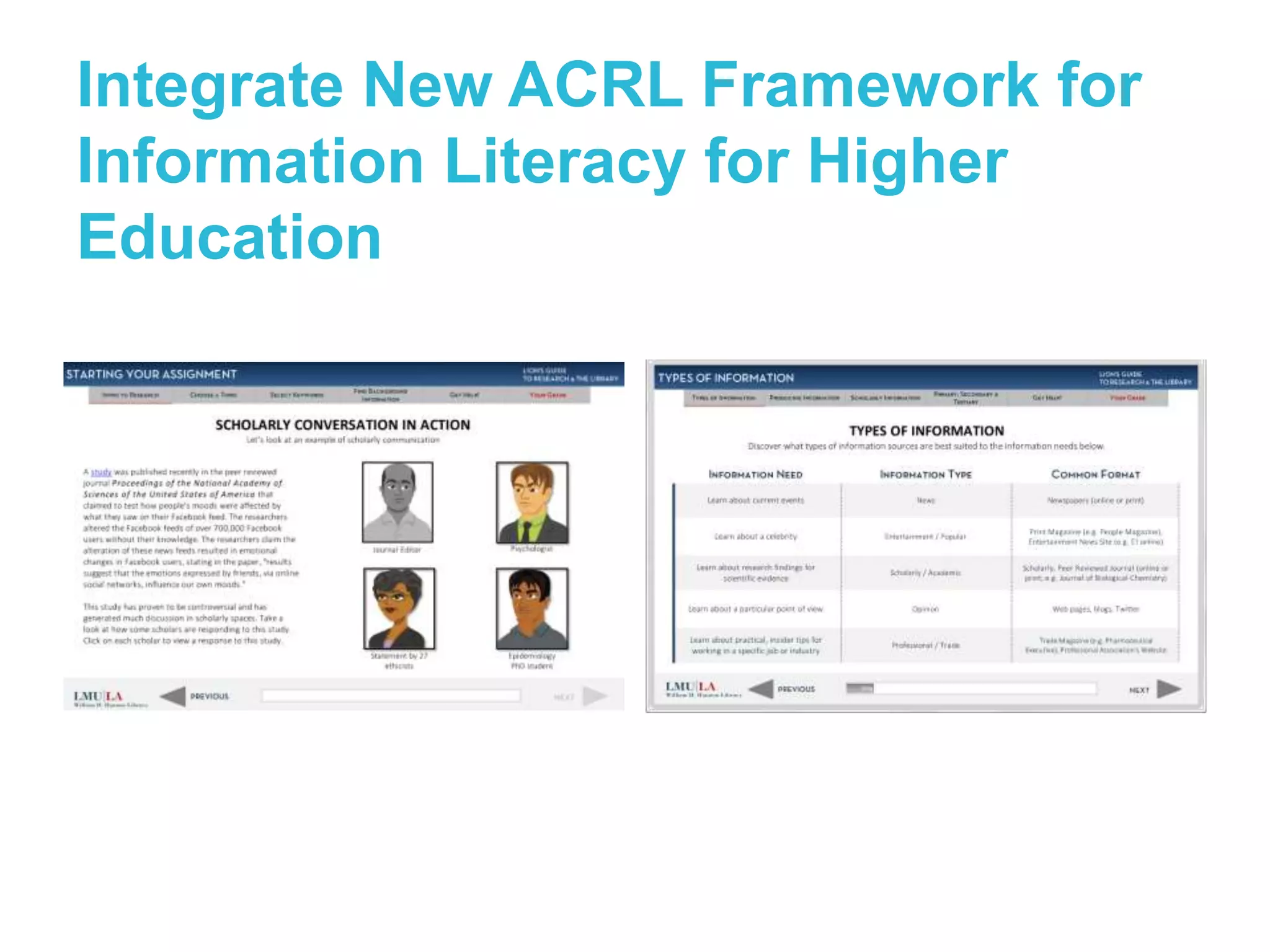 Integrate New ACRL Framework for 
Information Literacy for Higher 
Education 
 