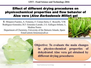 Objective: To evaluate the main changes
in physico-chemical properties of
dehydrated Aloe vera gel obtained by
different drying procedures
Effect of different drying procedures on
physicochemical properties and flow behavior of
Aloe vera (Aloe Barbadensis Miller) gel
LWT - Food Science and Technology-2016
R. Minjares-Fuentes, A. Femenia, F. Comas-Serra, C. Rossello, V.M.
Rodríguez-Gonzalez, R.F. Gonzalez-Laredo, J.A. Gallegos-Infante, L.
Medina-Torres
Department of Chemistry, University of the Balearic Islands, Spain
Email:antoni.femenia@uib.es
29/3/2019 43Dept.Postharvest technlogy
 