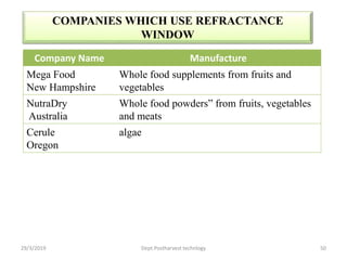 COMPANIES WHICH USE REFRACTANCE
WINDOW
Company Name Manufacture
Mega Food
New Hampshire
Whole food supplements from fruits and
vegetables
NutraDry
Australia
Whole food powders” from fruits, vegetables
and meats
Cerule
Oregon
algae
29/3/2019 50Dept.Postharvest technlogy
 
