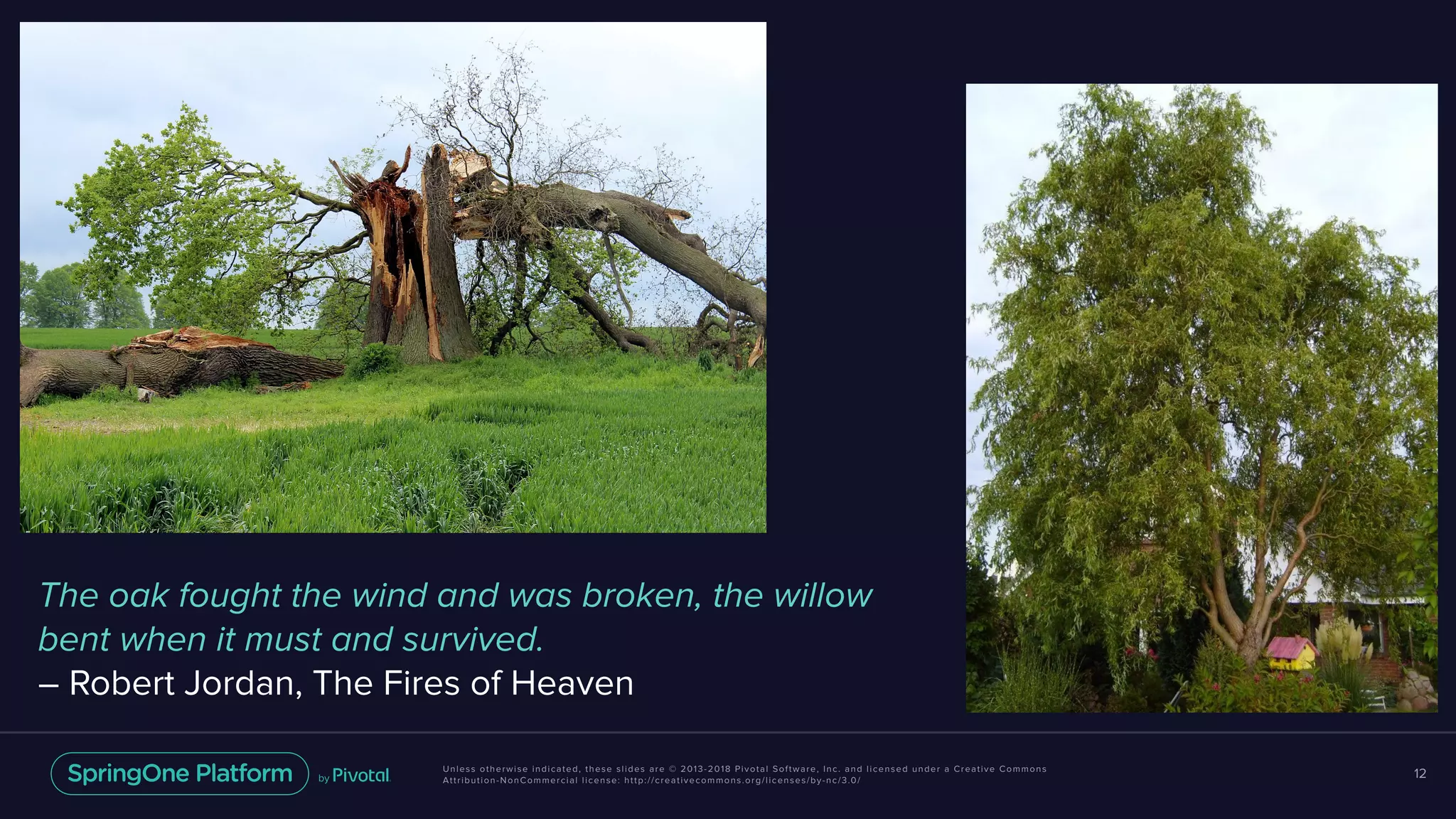 Unless otherwise indicated, these slides are © 2013-2018 Pivotal Software, Inc. and licensed under a Creative Commons
Attribution-NonCommercial license: http://creativecommons.org/licenses/by-nc/3.0/
12
The oak fought the wind and was broken, the willow
bent when it must and survived.
― Robert Jordan, The Fires of Heaven
 