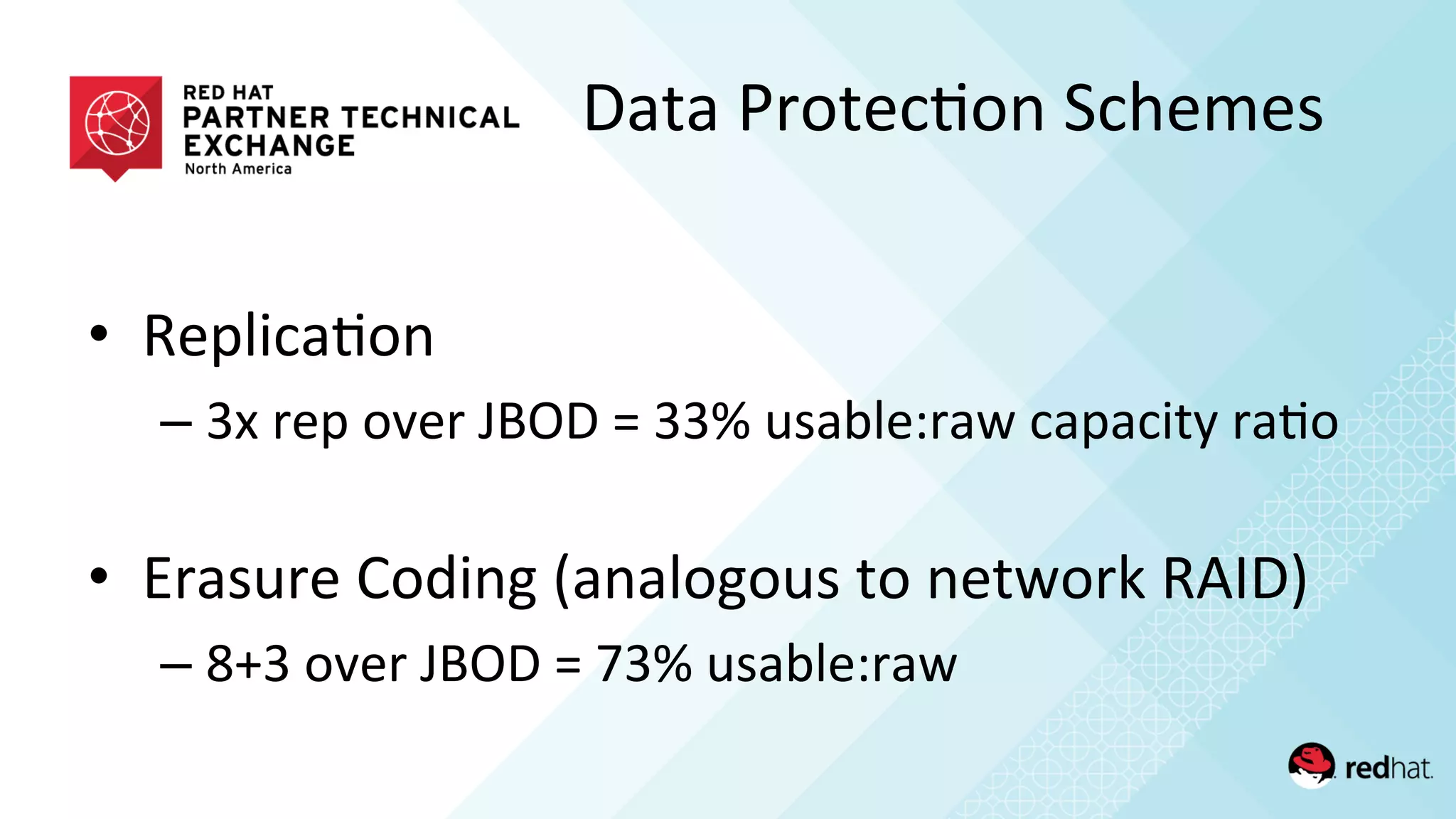 •  Replica/on	
  
– 3x	
  rep	
  over	
  JBOD	
  =	
  33%	
  usable:raw	
  capacity	
  ra/o	
  
	
  
•  Erasure	
  Coding	
  (analogous	
  to	
  network	
  RAID)	
  
– 8+3	
  over	
  JBOD	
  =	
  73%	
  usable:raw	
  
Data	
  Protec/on	
  Schemes	
  
 