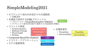 SimpleModeling2021
• オブジェクト指向分析設計での共通範囲
• UML/UP
• 本講座で使用するUMLプロファイル
• プロファイル：SimpleModeling2021 (SM2021)
• オブジェクト指向分析設計の基本からの拡張部を明確化
• アジャイル開発
• Communication
• Embrace Change
• Travel Light
• Scaling
• Component-Based Development
• クラウド・アプリケーション
• モデル駆動開発
SM2021
Travel Light
Embrace Change
Cloud
Model-Driven
Scaling
CBD
Testability
Serviceability
• 非機能要件
• Testability
• Serviceability
 