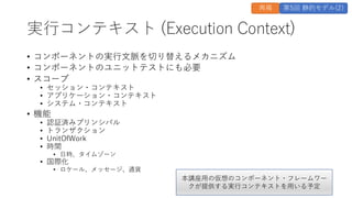 実行コンテキスト (Execution Context)
• コンポーネントの実行文脈を切り替えるメカニズム
• コンポーネントのユニットテストにも必要
• スコープ
• セッション・コンテキスト
• アプリケーション・コンテキスト
• システム・コンテキスト
• 機能
• 認証済みプリンシパル
• トランザクション
• UnitOfWork
• 時間
• 日時、タイムゾーン
• 国際化
• ロケール、メッセージ、通貨
再掲 第5回 静的モデル(2)
本講座用の仮想のコンポーネント・フレームワー
クが提供する実行コンテキストを用いる予定
 