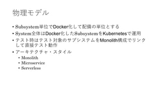 物理モデル
• Subsystem単位でDocker化して配備の単位とする
• System全体はDocker化したSubsystemをKubernetesで運用
• テスト時はテスト対象のサブシステムをMonolith構成でリンク
して直接テスト動作
• アーキテクチャ・スタイル
• Monolith
• Microservice
• Serverless
 