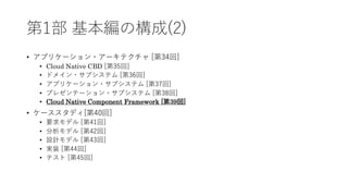 第1部 基本編の構成(2)
• アプリケーション・アーキテクチャ [第34回]
• Cloud Native CBD [第35回]
• ドメイン・サブシステム [第36回]
• アプリケーション・サブシステム [第37回]
• プレゼンテーション・サブシステム [第38回]
• Cloud Native Component Framework [第39回]
• ケーススタディ[第40回]
• 要求モデル [第41回]
• 分析モデル [第42回]
• 設計モデル [第43回]
• 実装 [第44回]
• テスト [第45回]
 