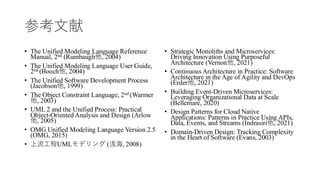 参考文献
• The Unified Modeling Language Reference
Manual, 2nd (Rumbaugh他, 2004)
• The Unified Modeling Language User Guide,
2nd (Booch他, 2004)
• The Unified Software Development Process
(Jacobson他, 1999)
• The Object Constraint Language, 2nd (Warmer
他, 2003)
• UML 2 and the Unified Process: Practical
Object-Oriented Analysis and Design (Arlow
他, 2005)
• OMG Unified Modeling Language Version 2.5
(OMG, 2015)
• 上流工程UMLモデリング (浅海, 2008)
• Strategic Monoliths and Microservices:
Driving Innovation Using Purposeful
Architecture (Vernon他, 2021)
• Continuous Architecture in Practice: Software
Architecture in the Age of Agility and DevOps
(Erder他, 2021)
• Building Event-Driven Microservices:
Leveraging Organizational Data at Scale
(Bellemare, 2020)
• Design Patterns for Cloud Native
Applications: Patterns in Practice Using APIs,
Data, Events, and Streams (Indrasiri他, 2021)
• Domain-Driven Design: Tracking Complexity
in the Heart of Software (Evans, 2003)
 