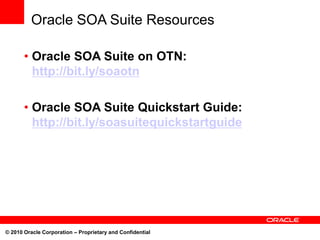 Oracle SOA Suite Resources

       • Oracle SOA Suite on OTN:
         http://bit.ly/soaotn

       • Oracle SOA Suite Qui...
